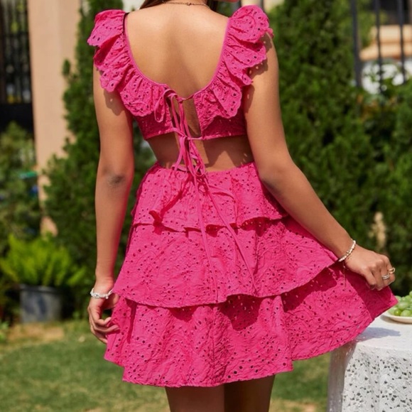Pink / fuchsia Ruffle Trim Cut Out Eyelet Embroidery mini Dress tiered - Picture 3 of 8